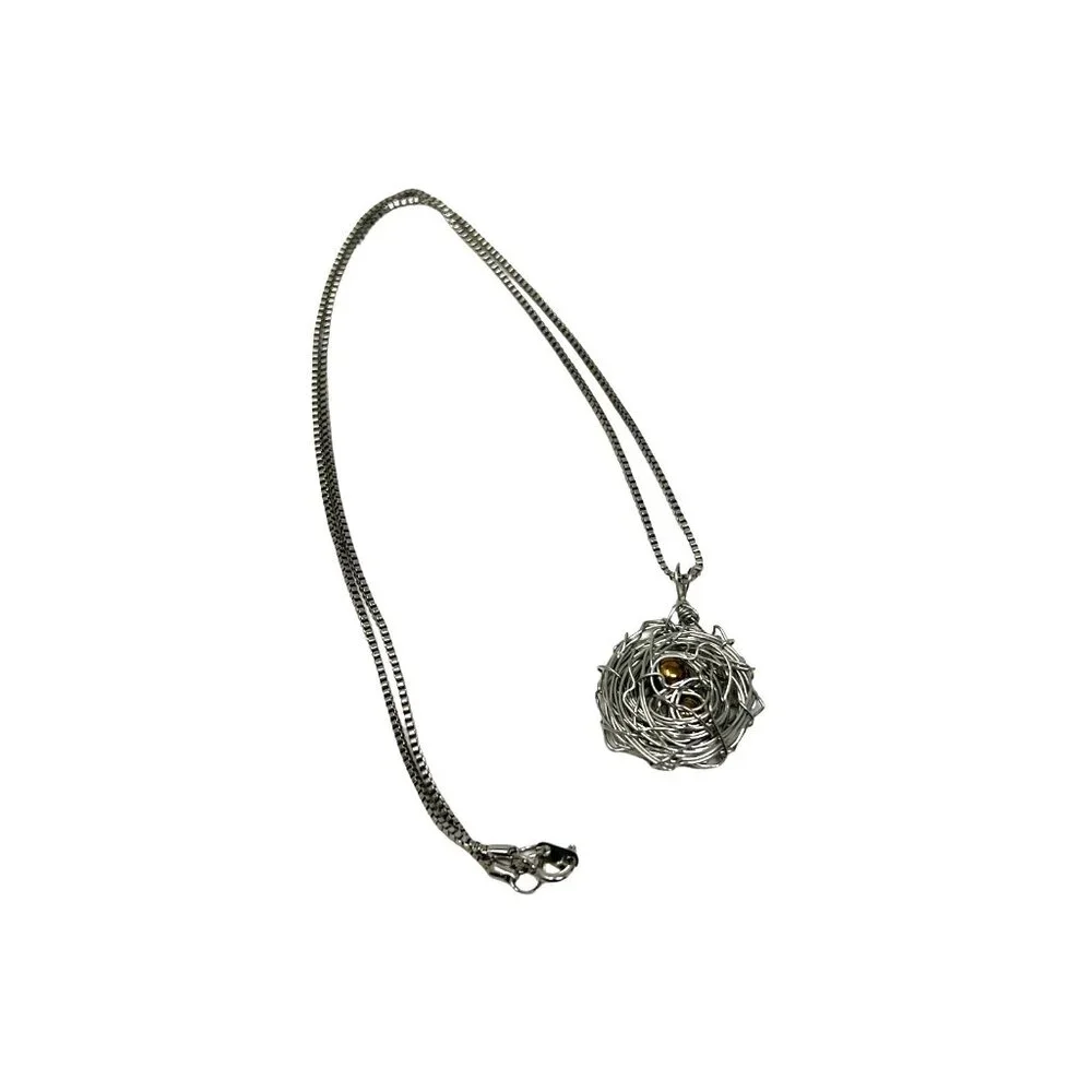 Silver Tone Bird Nest Pendant‎ with Gold Tone Eggs 20 inch Chain